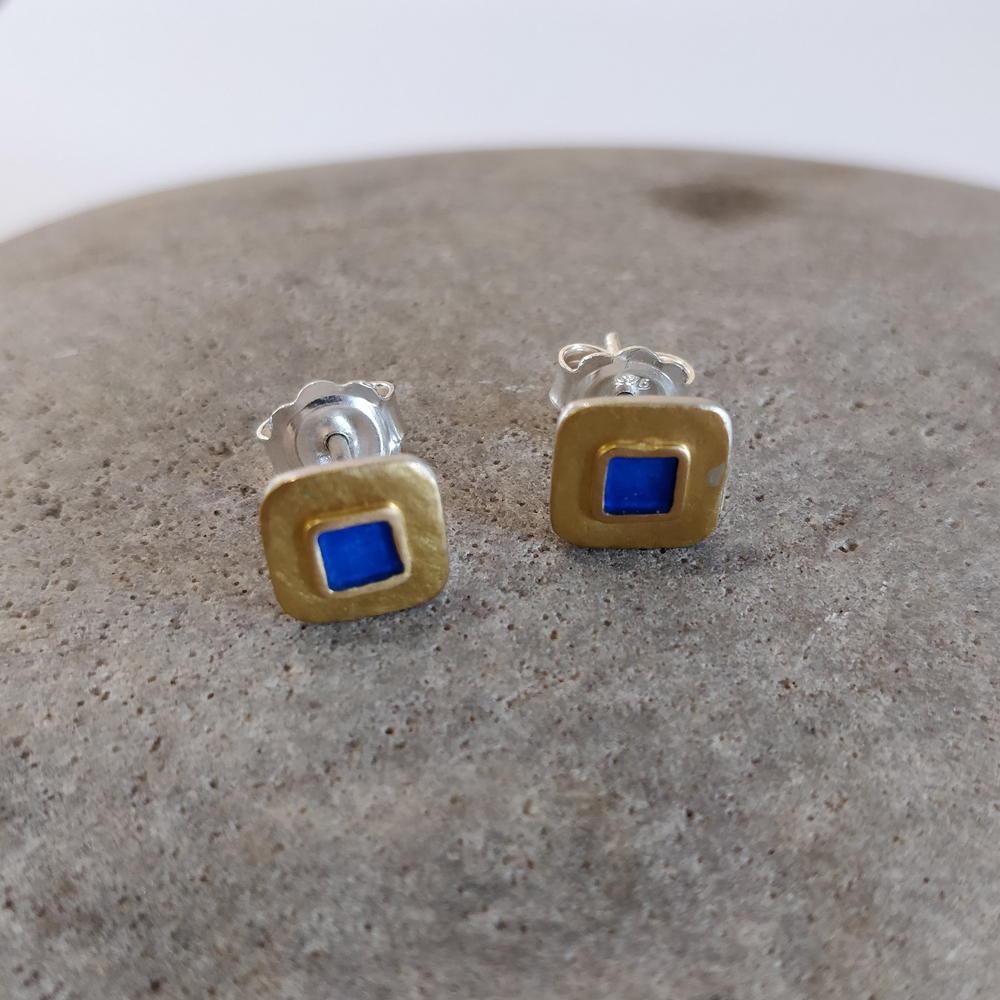 Earrings - Beaten gold and  bright blue squares. 